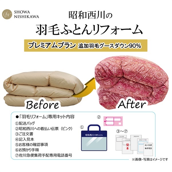 昭和西川　羽毛ふとんリフォーム　プレミアムプラン　追加羽毛 グースダウン90％(ピンク-ダブルロング)