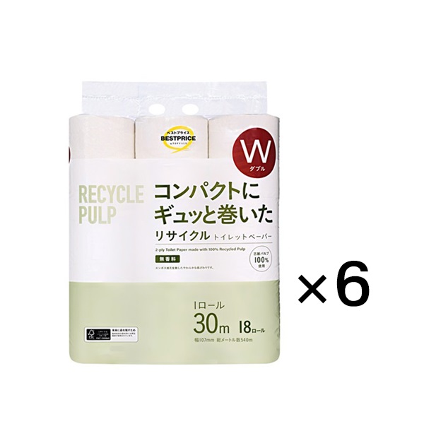 コンパクトにギュっと巻いたリサイクルトイレットペーパー (ダブル30m) 18ロール ×6袋トップバリュ ベストプライス TOPVALU BESTPRICE(ダブル30mx18ロール×6袋)