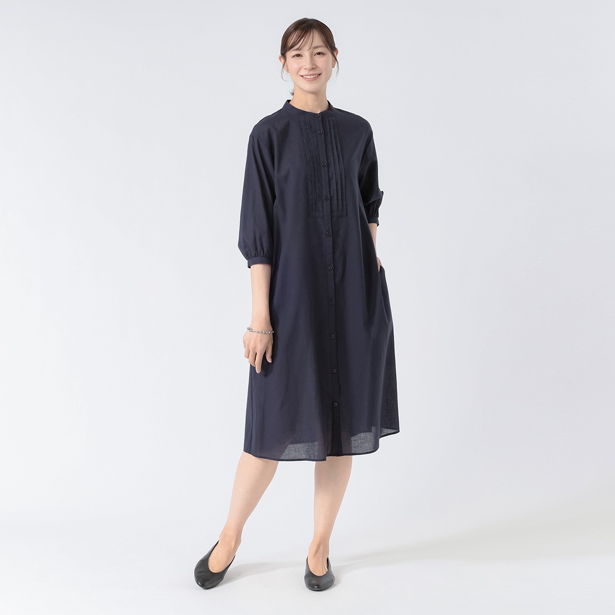 TVC(ティーヴィシー) 綿麻7分袖バンドカラーワンピース レディス