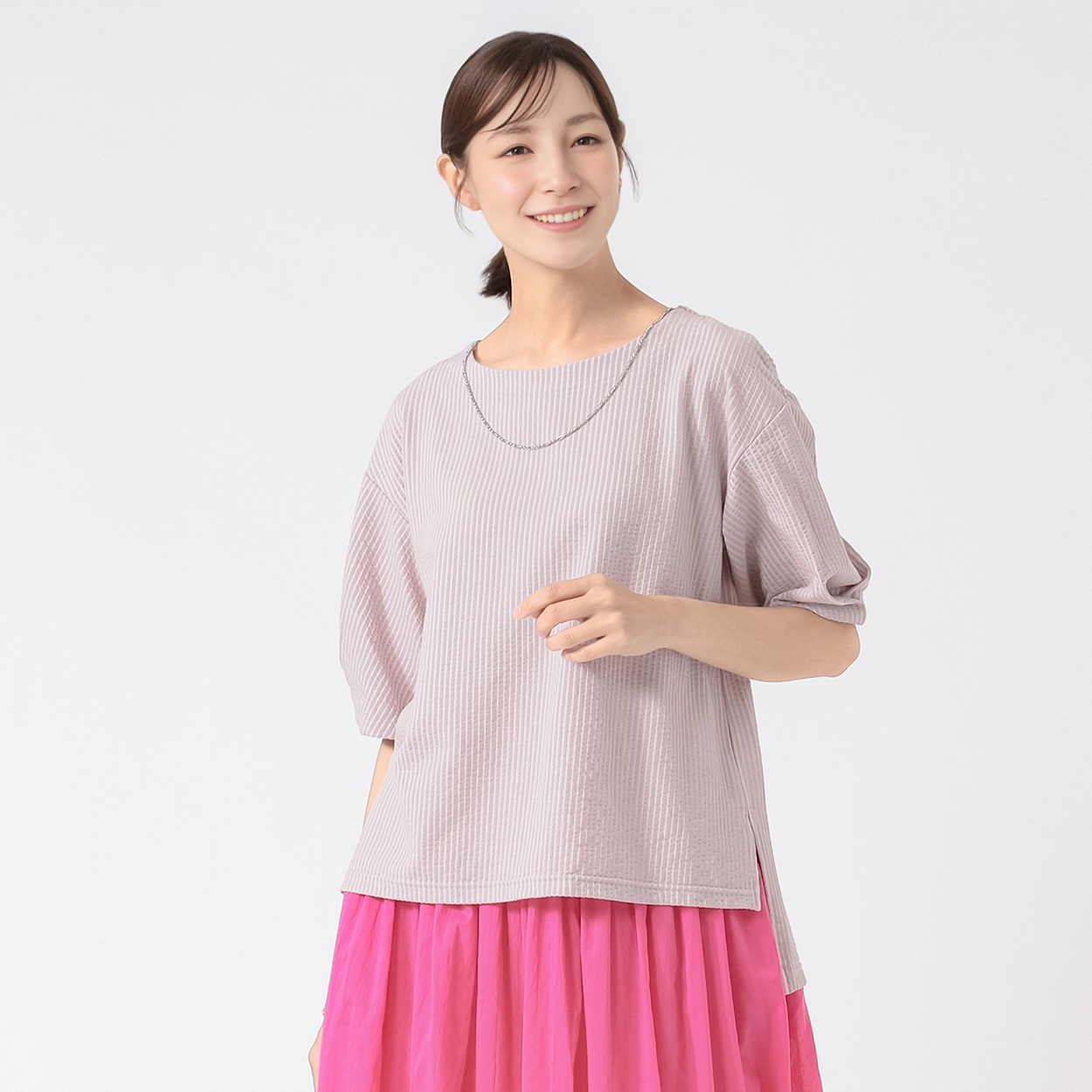 TVC(ティーヴィシー) サッカージャージー5分袖タックブラウス レディス(ウスムラサキ-XL)
