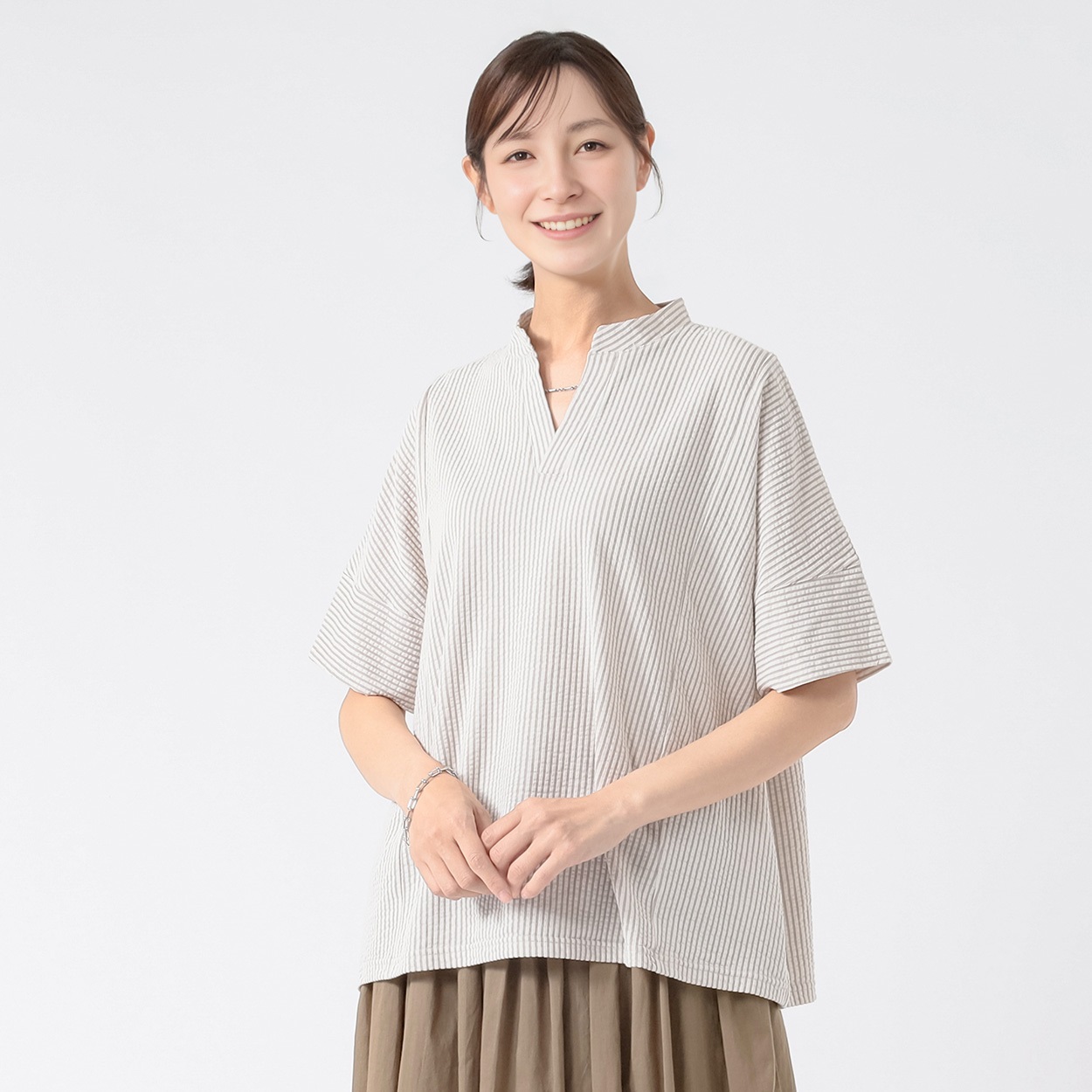 TVC(ティーヴィシー) サッカージャージー半袖スキッパーブラウス レディス(キナリ-M)