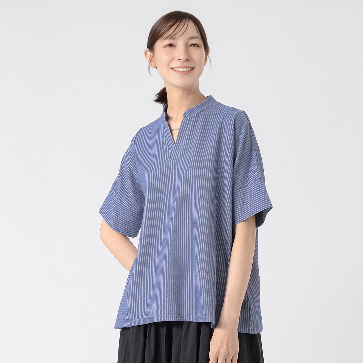 TVC(ティーヴィシー) サッカージャージー半袖スキッパーブラウス レディス(アオ-XL)