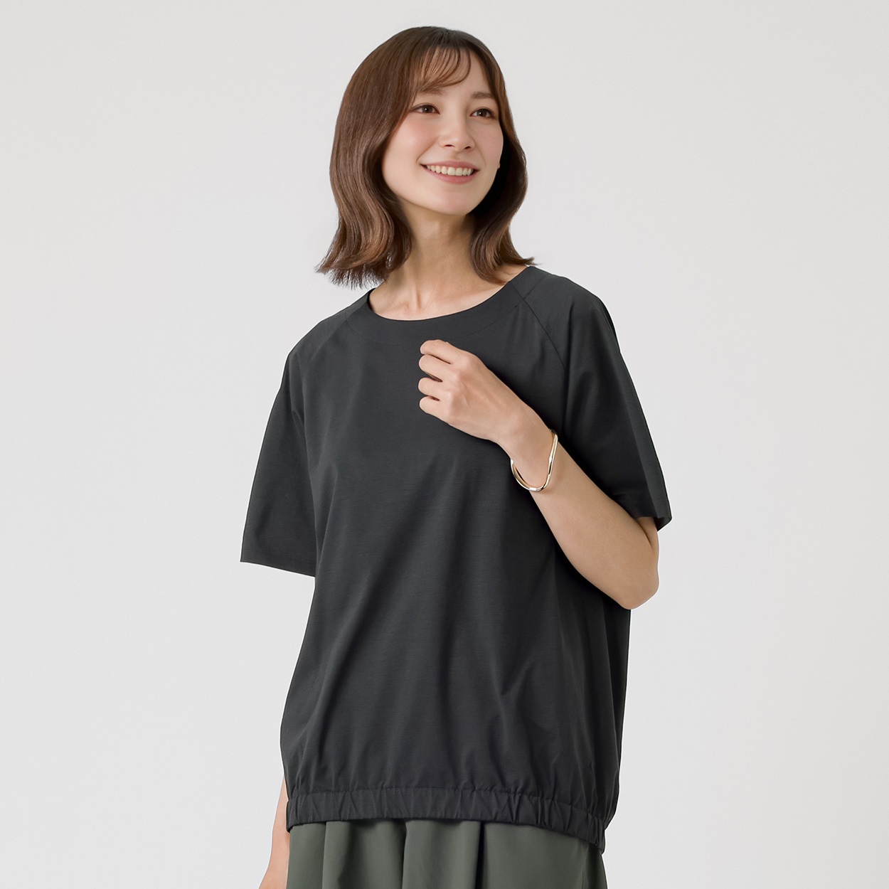 TVC(ティーヴィシー) 【BEST BUY】 ドライ天竺裾ゴムギャザーTシャツ レディス(クロ-XL)