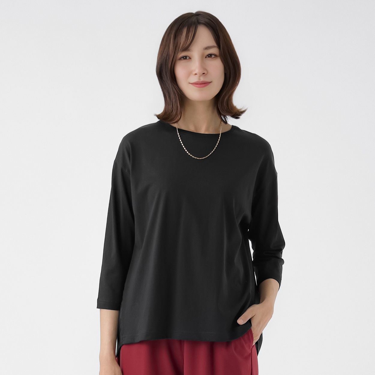 TVC(ティーヴィシー) シルキーコットン（本体）布帛切り替え7分袖Tシャツ レディス(クロ-L)