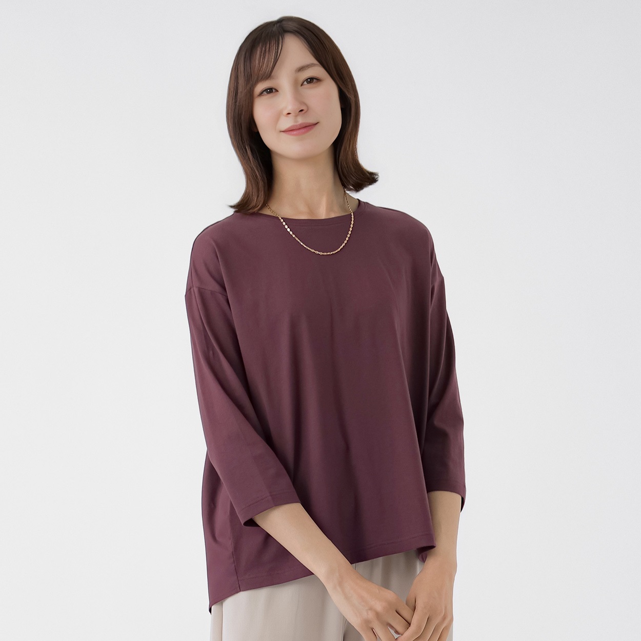 TVC(ティーヴィシー) シルキーコットン（本体）布帛切り替え7分袖Tシャツ レディス(コイムラサキ-L)