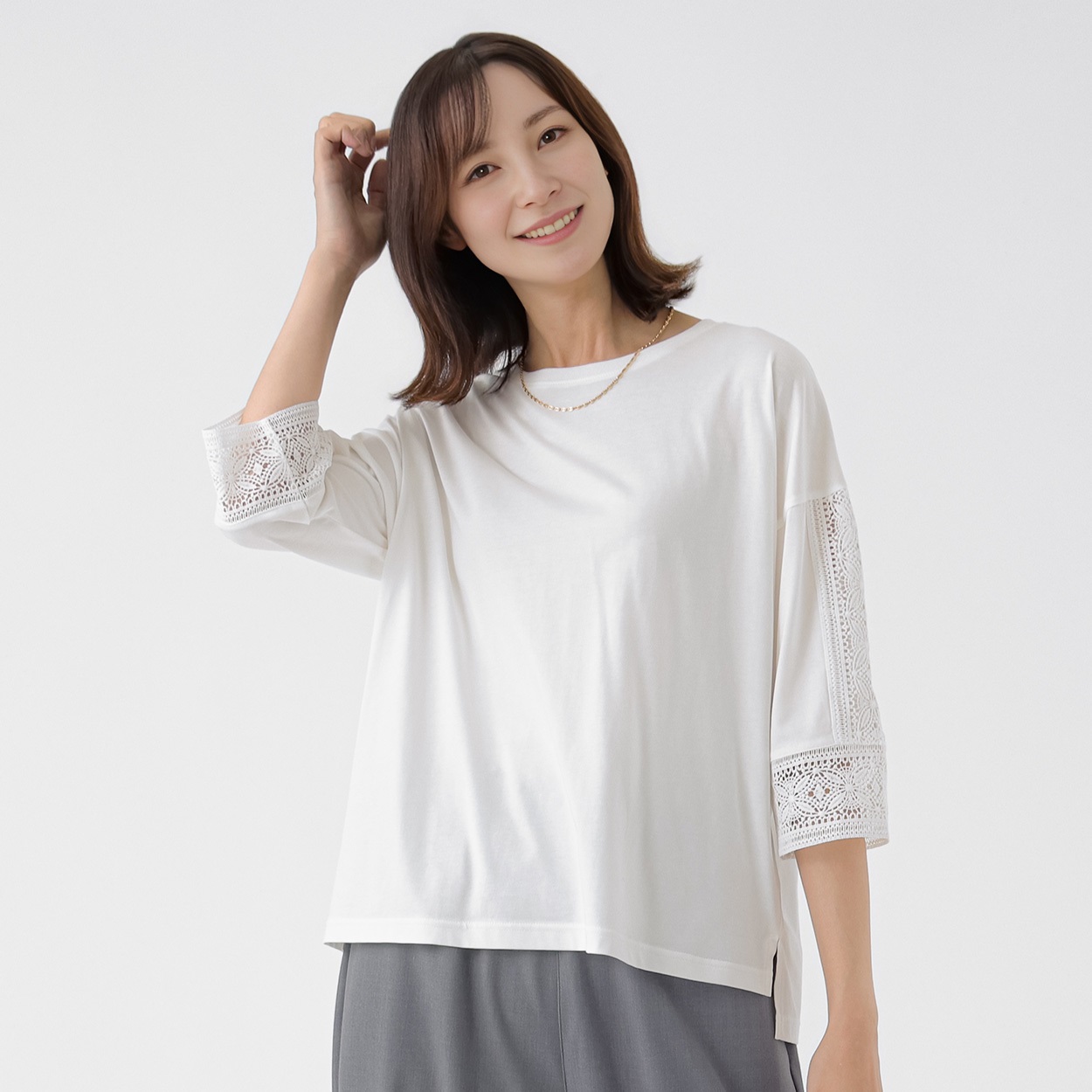 TVC(ティーヴィシー) シルキーコットン袖レース7分袖T レディス(シロ-L)