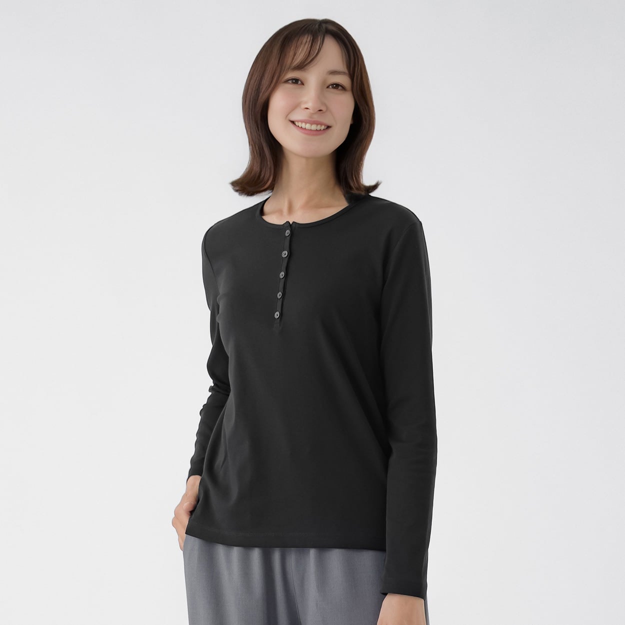 TVC(ティーヴィシー) ヘンリーネック長袖Tシャツ レディス(クロ-XL)