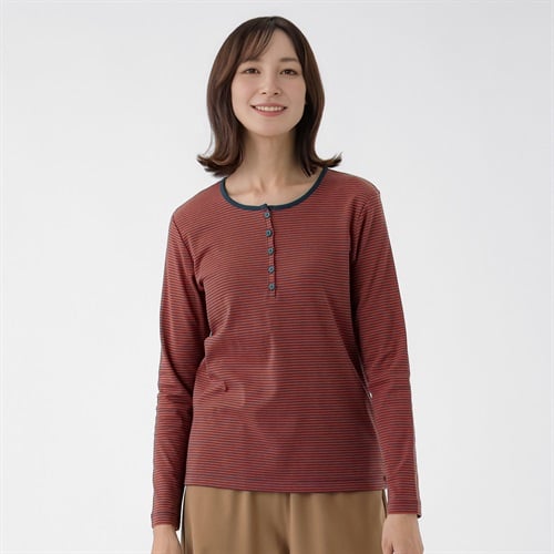 TVC(ティーヴィシー) ヘンリーネック長袖Tシャツ レディス(Ａダイダイ（ボーダー）-S)