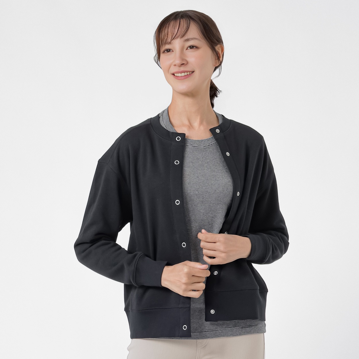 TVC(ティーヴィシー) 裏毛スウェットリングドットボタンカーディガン レディス(クロ-M)