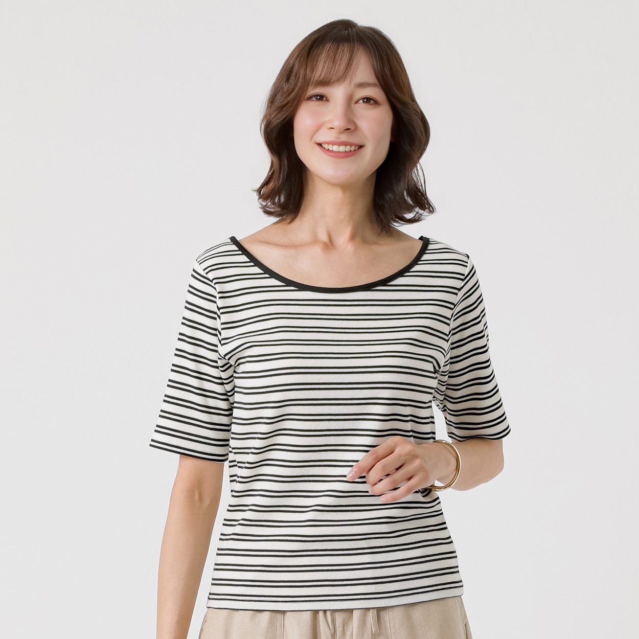 TVC(ティーヴィシー) リブカップ付5分袖Tシャツ レディス(Ａウスクロ(ボーダー）-XL)