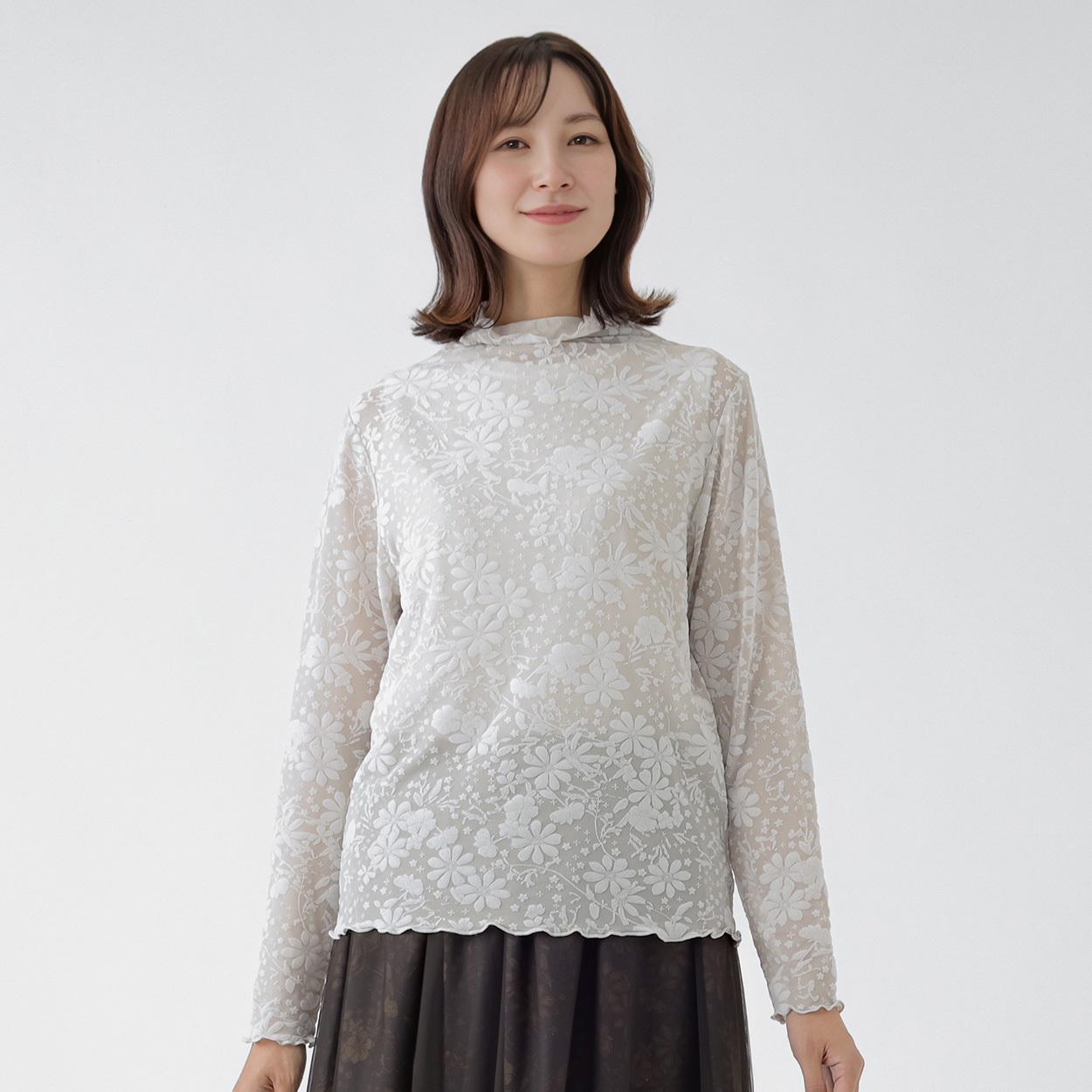 TVC(ティーヴィシー) ヒビヤカダンスタイル シアー花柄プリントハイネック長袖Tシャツ レディス(キナリ-S)