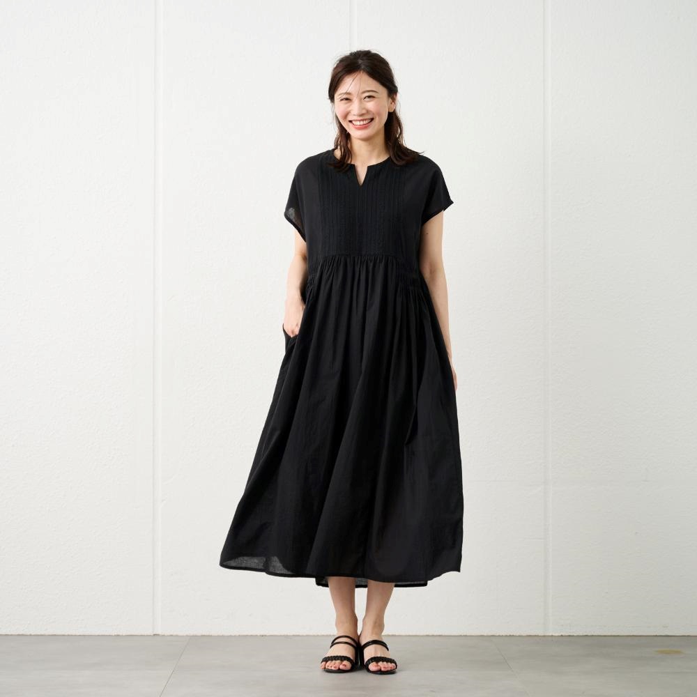 上品 ワンピース 刺繍 レース ドロスト キーネック 7分袖 3色 ♪ 上品 ワンピース 刺繍 レース ドロスト キーネック 7分袖 3色