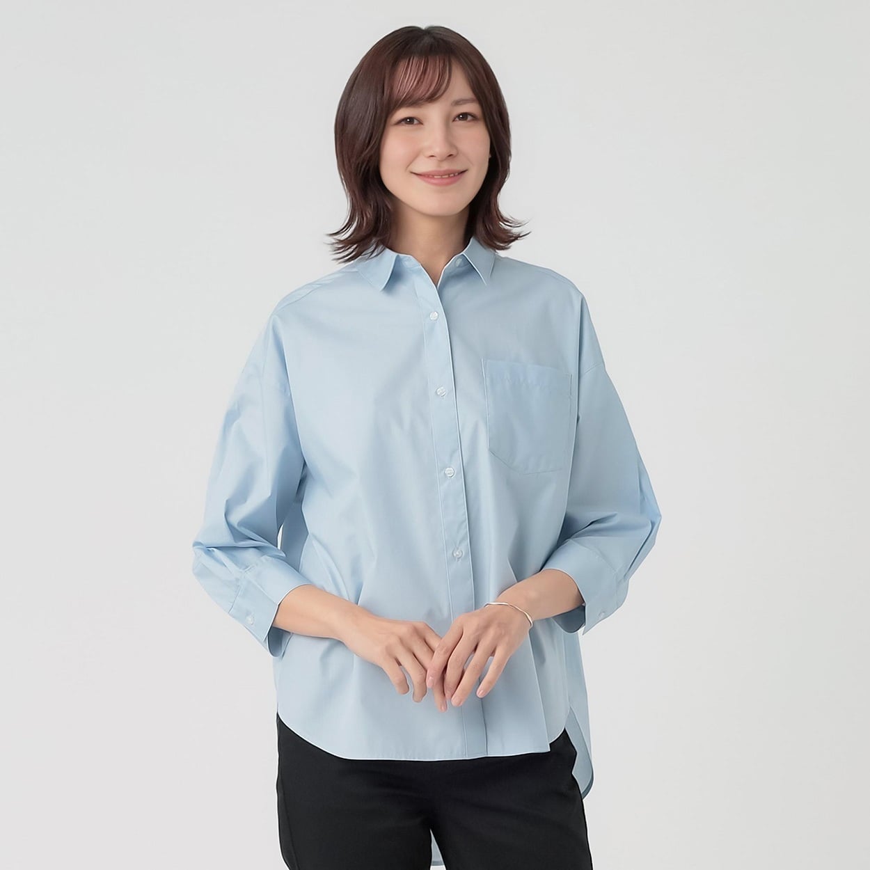 TVC(ティーヴィシー) 【てまラク】綿混7分袖レギュラーシャツチュニック レディス(ウスアオ-S)
