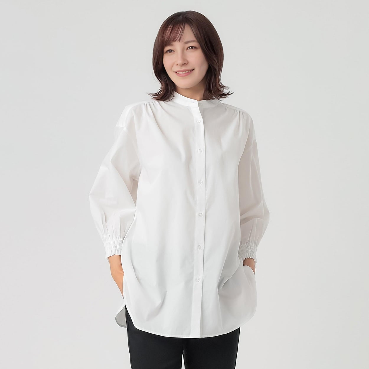 TVC(ティーヴィシー) 【てまラク】綿混7分袖バンドカラーシャツチュニック レディス(シロ-XL)