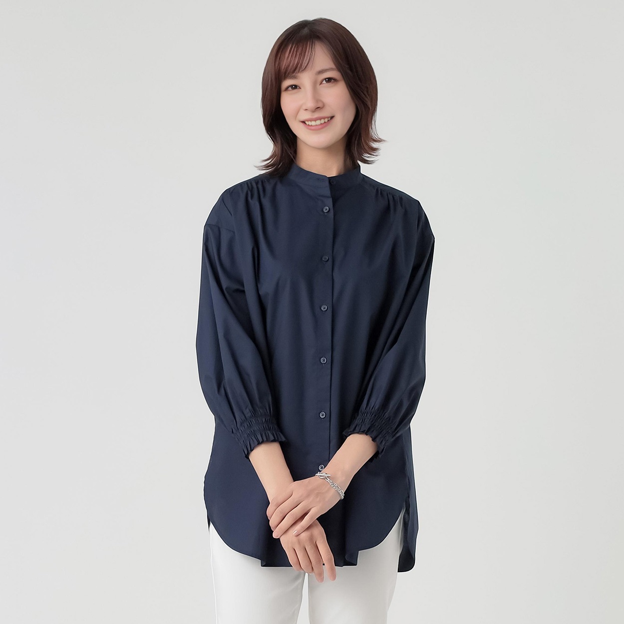TVC(ティーヴィシー) 【てまラク】綿混7分袖バンドカラーシャツチュニック レディス(コイアオ-L)