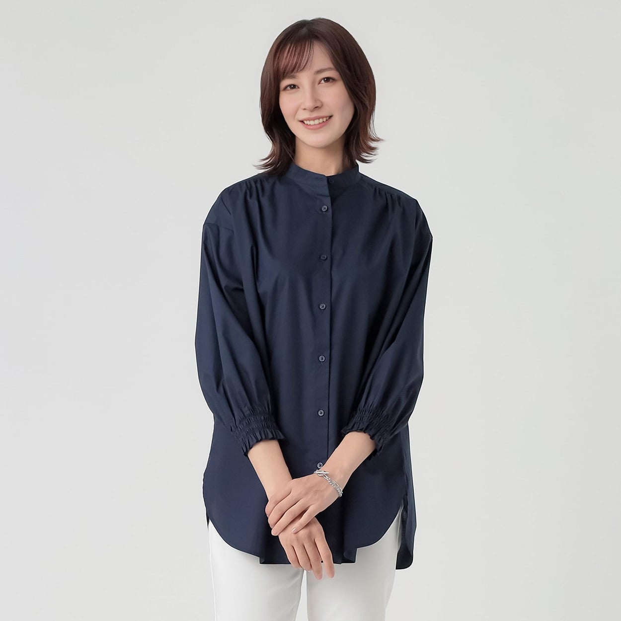 TVC(ティーヴィシー) 【てまラク】綿混7分袖バンドカラーシャツチュニック レディス(コイアオ-XL)