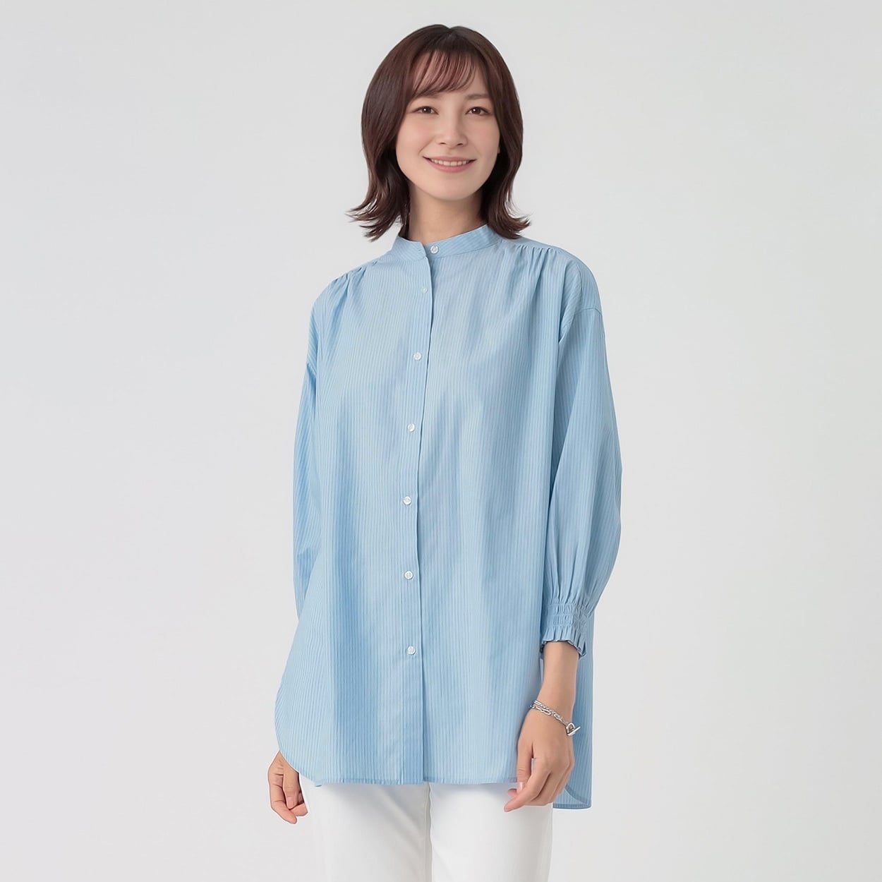 TVC(ティーヴィシー) 【てまラク】綿混7分袖バンドカラーシャツチュニック レディス(Ａウスアオ-L)