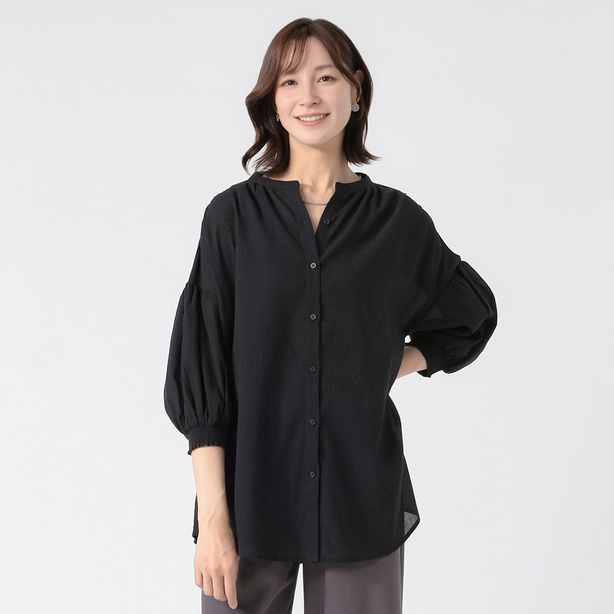 yoli コットンチュニック　3/14までの出品 TVC(ティーヴィシー) コットンボイル7分袖バンドカラーチュニック