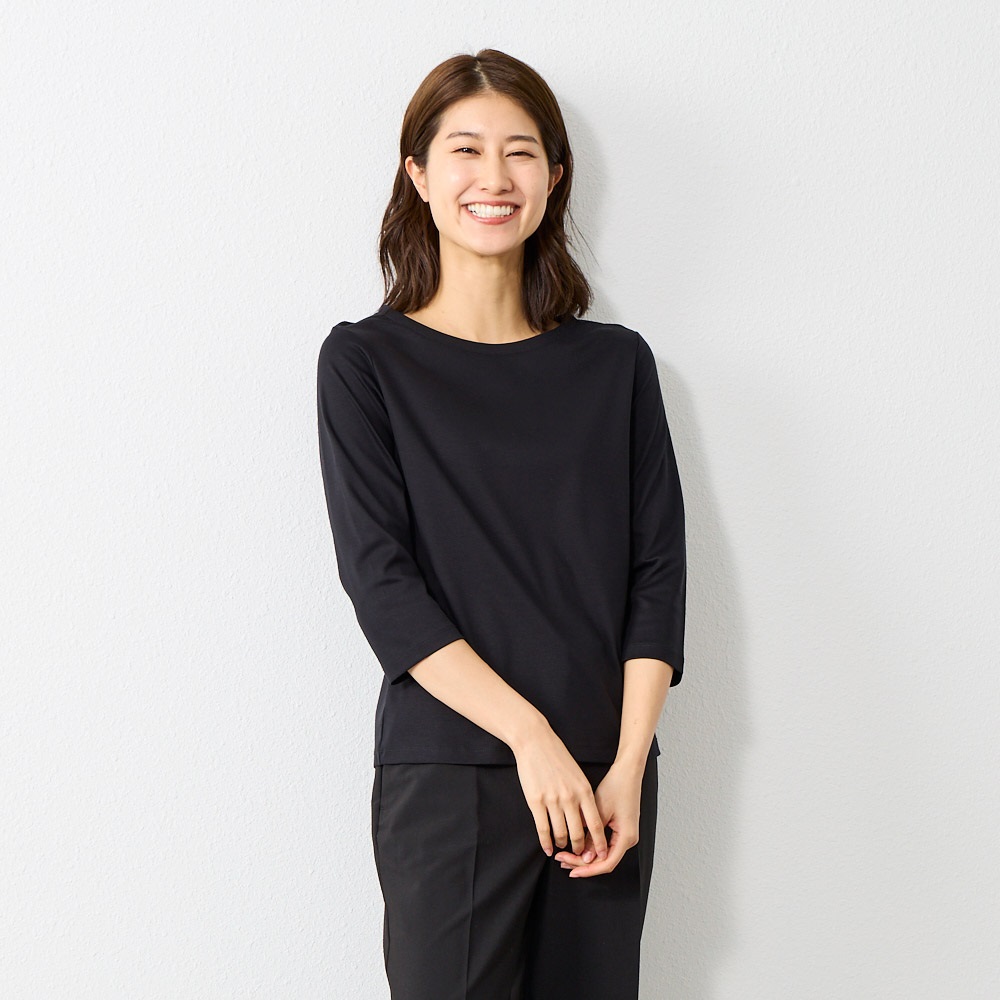 ボートネック7分袖カットソー レディス ESPRITMUR (エスプリミュール) 255ES474CT(クロ-XL)