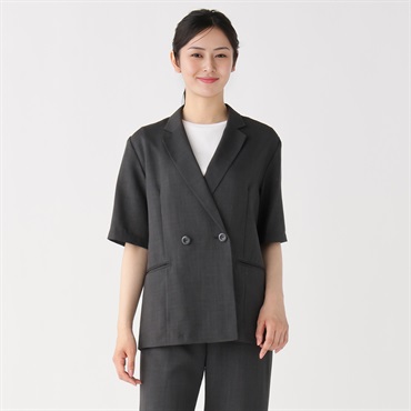 【ポイント20倍対象商品】麻調コンフォート 半袖ダブルブレストジャケット レディス ESPRITMUR (エスプリミュール)(チャコ－ルグレ－-L)