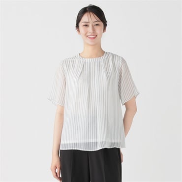 裏地付き ストライプ柄シフォンブラウス レディス ESPRITMUR (エスプリミュール)(シロ-XL)