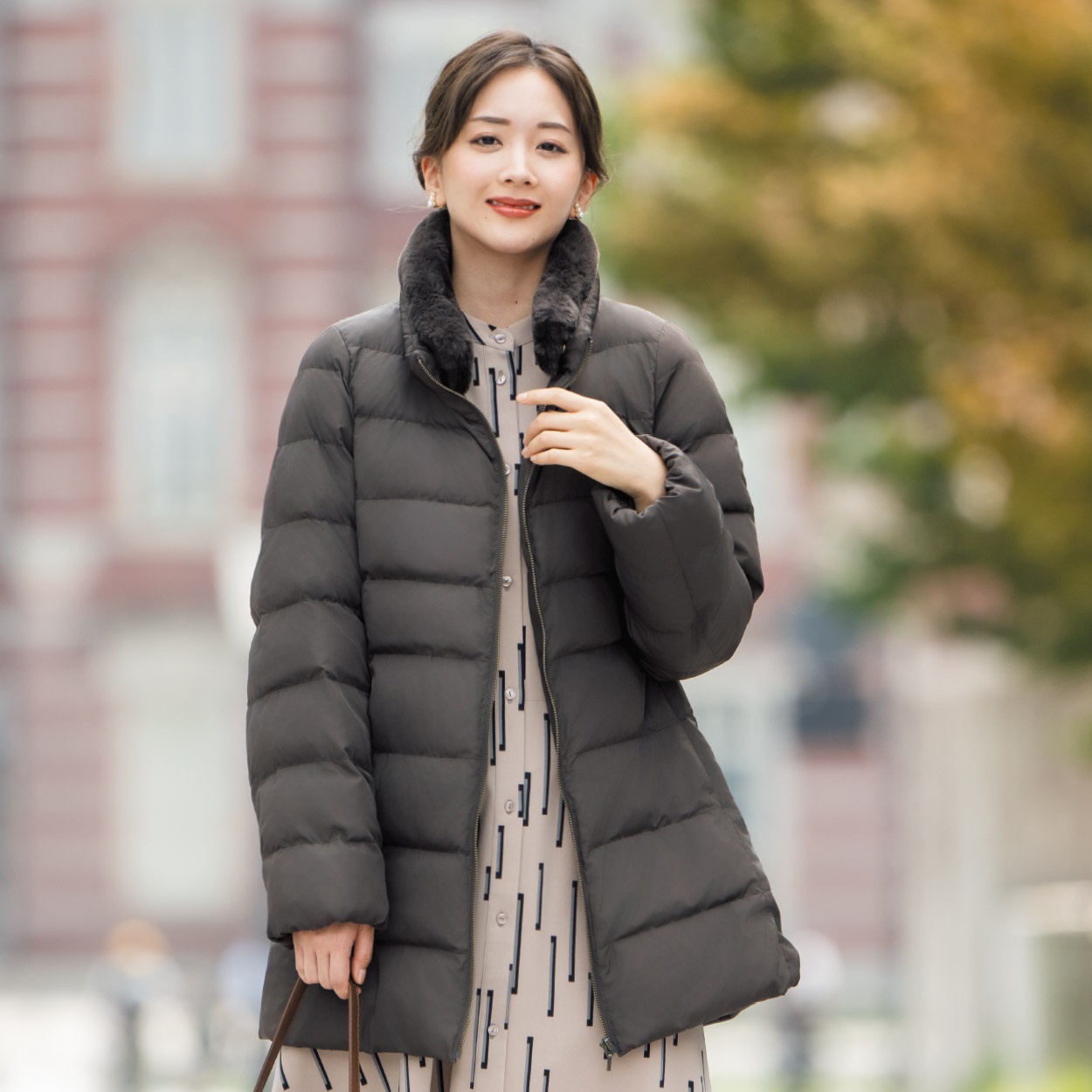 衿ボア取外し 中綿ハーフ丈コート レディス Purelast(ピュアラスト