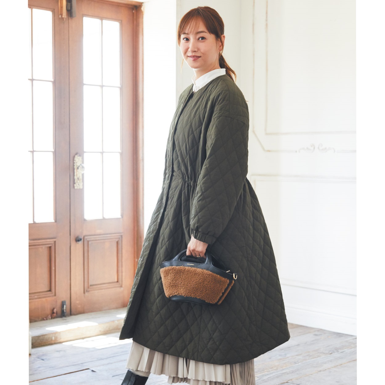 【美品】レスピーギ ラナチュレ　黒ライン　中綿ボアジャンパーコート one after another NICE CLAUP ブルゾン アウター サイドラインリボン