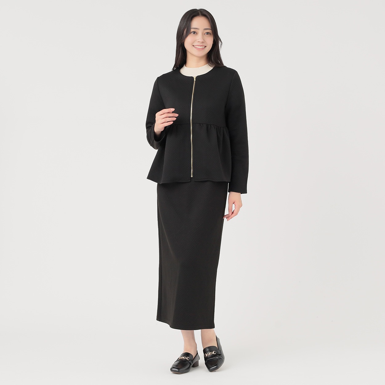 膨れジャカード ペプラムジャケット＋タイトスカートセットアップ