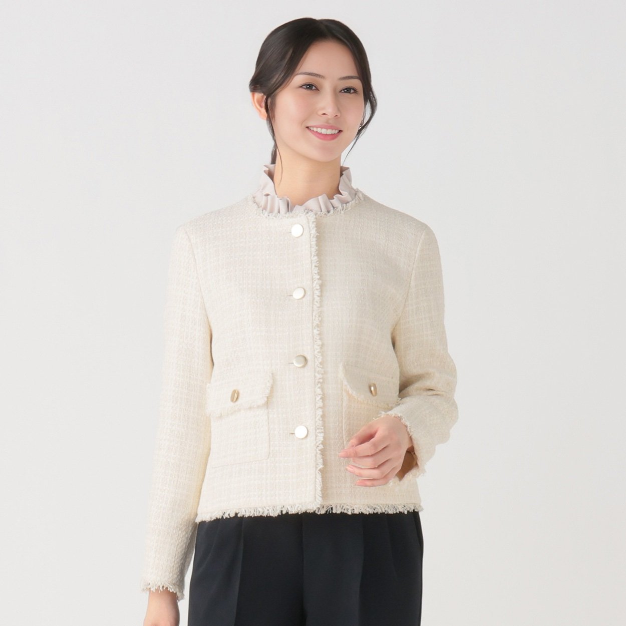 ピュアホワイト　コットン　ビジュージャケット　M リボンツイード ノーカラージャケット レディス Purelast(ピュアラスト