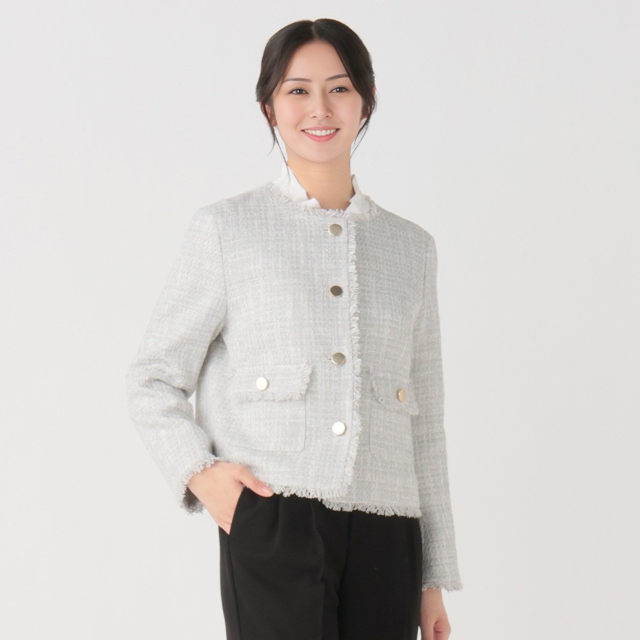 リボンツイード ノーカラージャケット レディス Purelast(ピュアラスト