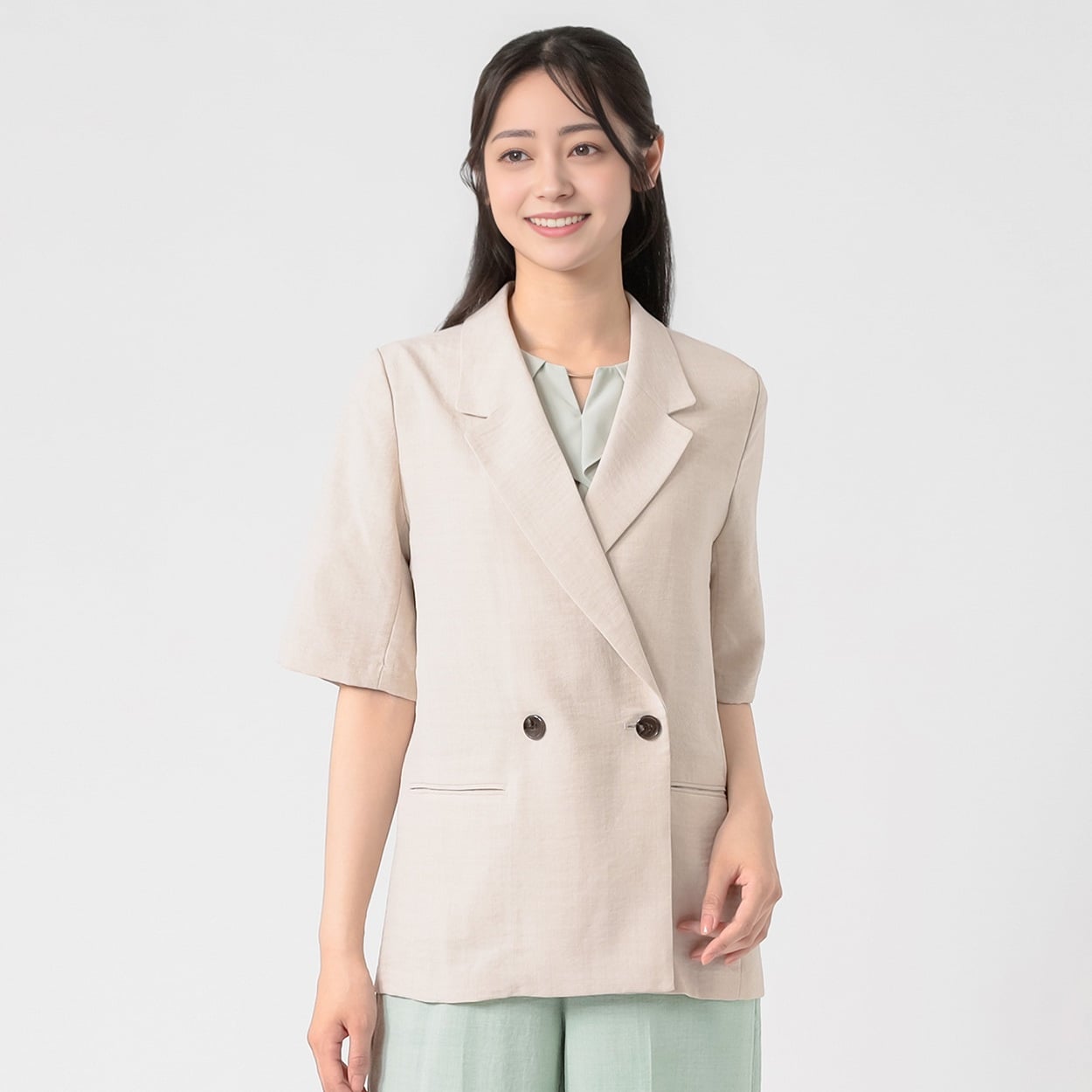 EMMA JAMES(エマジェイムス) 麻調 半袖ダブルブレストジャケット レディス 262EMJ052CT(ウスチャ-M)