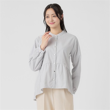 ペプラム切替前あきストライプ柄シャツ 袖２WAY  レディス EMMA JAMES(エマジェイムス) 262EM260HT(ウスグレー-M)
