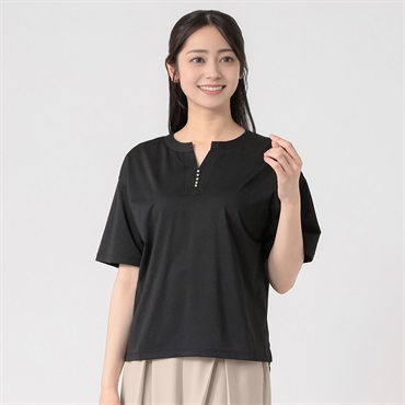 汗隠し パール調ボタン付Vネックカットソー レディス EMMA JAMES(エマジェイムス) 262EM159TH(クロ-M)