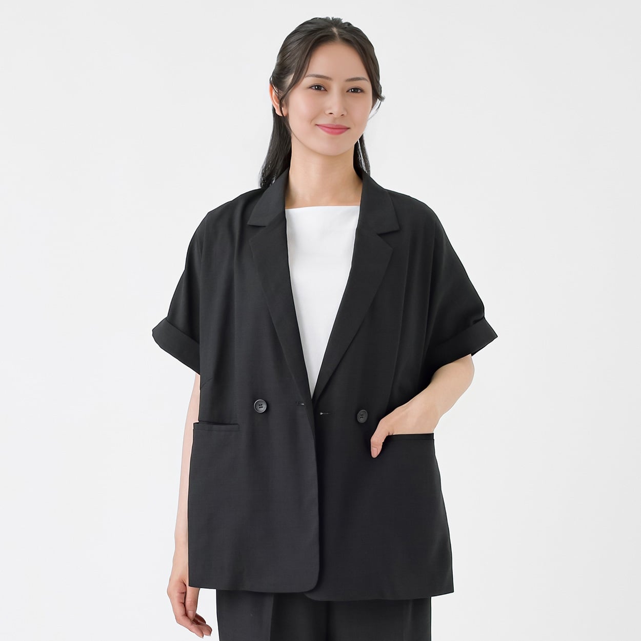 風通ルンセットアップ 半袖ダブルブレストジャケット レディス ESPRITMUR(エスプリミュール) 263ES001CT(クロ-L)
