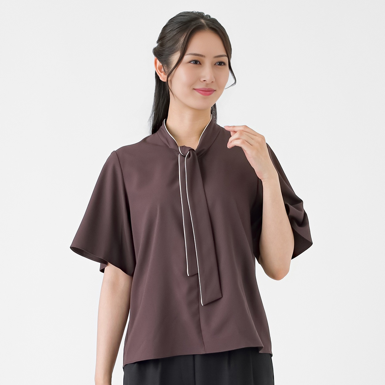配色パイピング 半袖ボウタイブラウス レディス ESPRITMUR(エスプリミュール) 263ES004CT(コイチャ-M)