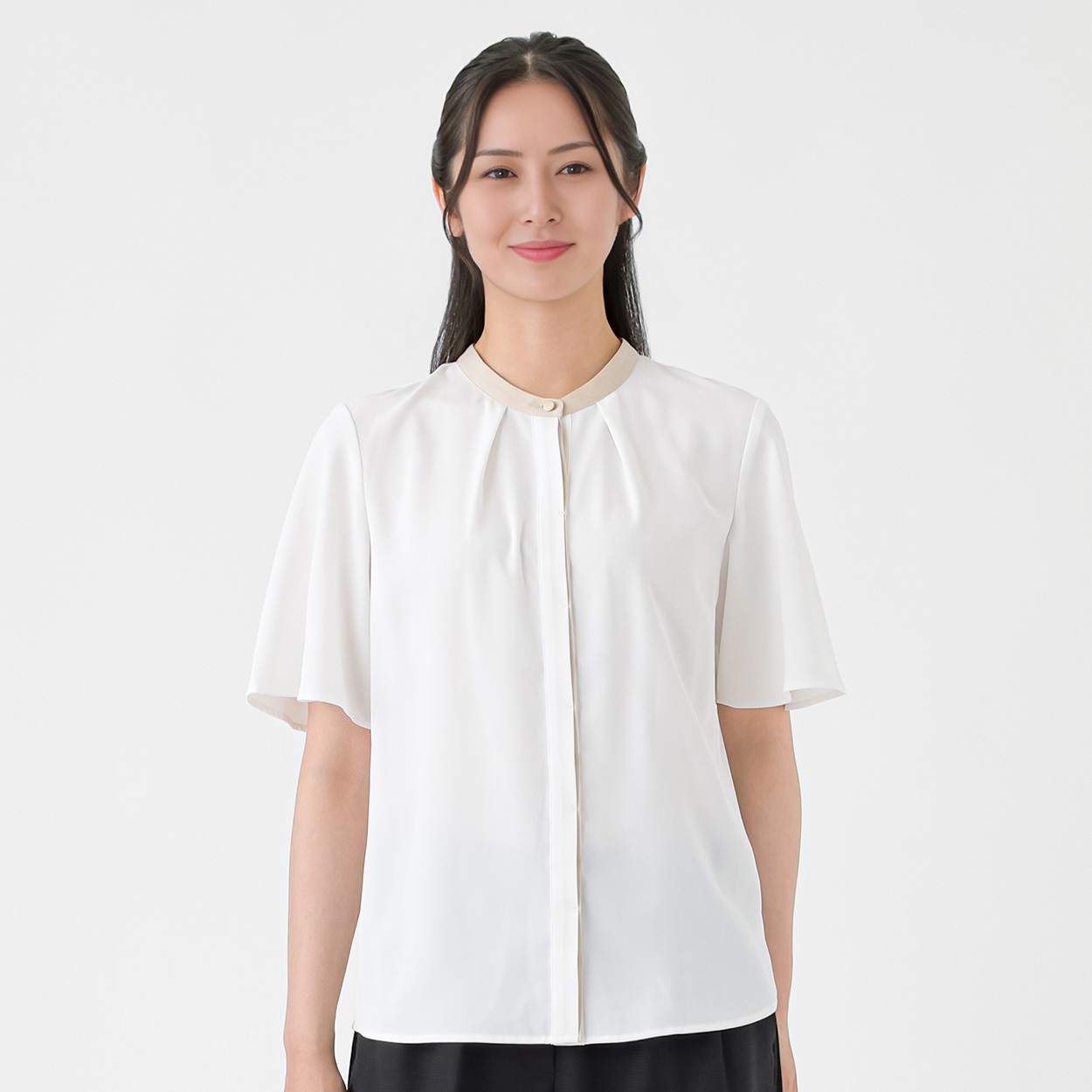 配色パイピング 半袖バンドカラーブラウス レディス ESPRITMUR(エスプリミュール) 263ES005CT(シロ-XL)