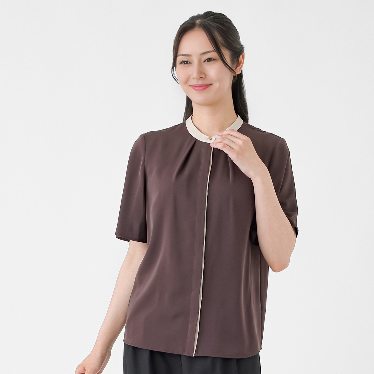 配色パイピング 半袖バンドカラーブラウス レディス ESPRITMUR(エスプリミュール) 263ES005CT(コイチャ-XL)