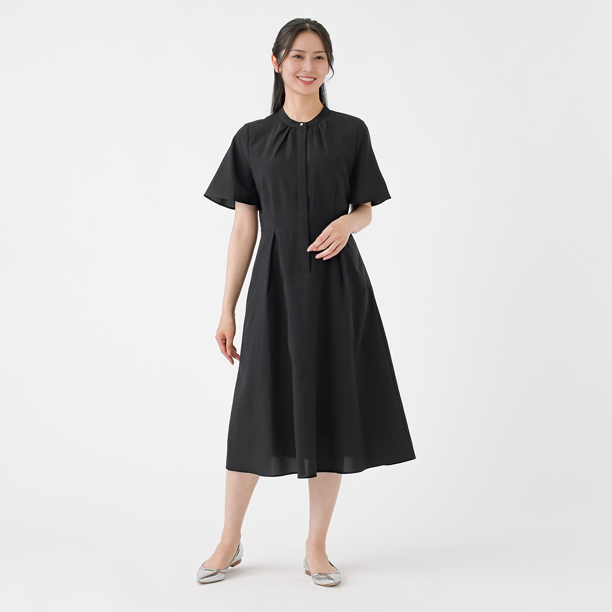 麻調 バンドカラーワンピース レディス ESPRITMUR(エスプリミュール) 263ES471CT(クロ-L)