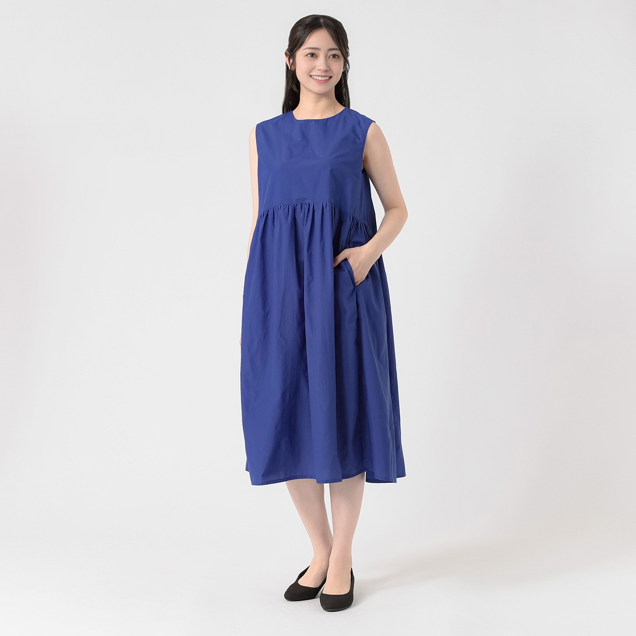 ウエスト切替ギャザーワンピース 接触冷感 レディス EMMA JAMES(エマジェイムス) 262EM478CT(アオ-M)