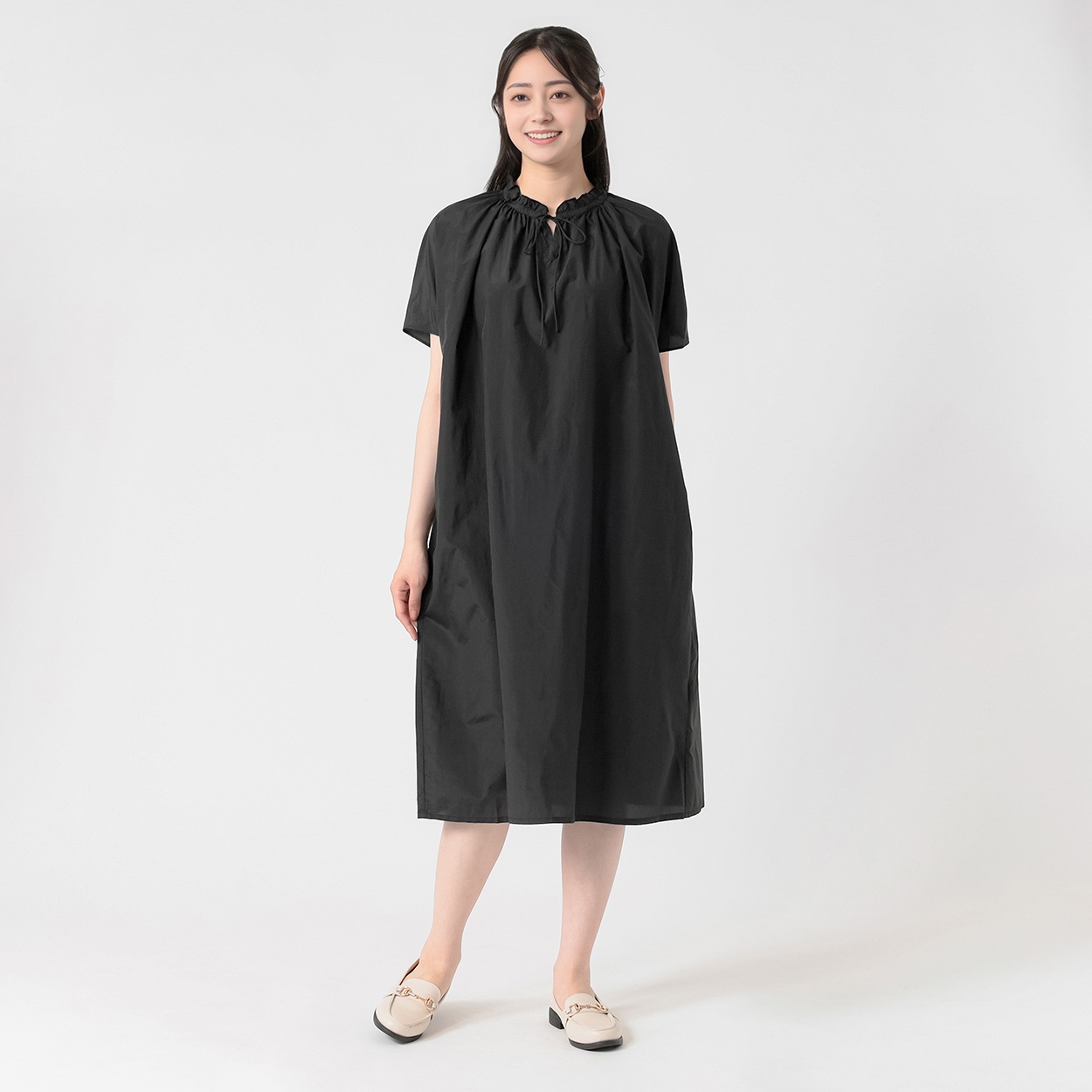 衿元ギャザーリボン付Aラインワンピース 接触冷感素材 レディス EMMA