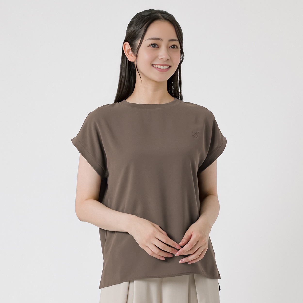 胸元ワンポイント刺しゅう 布帛Tシャツ レディス EMMA JAMES(エマジェイムス) 263EM325HT(コイチャ-M)