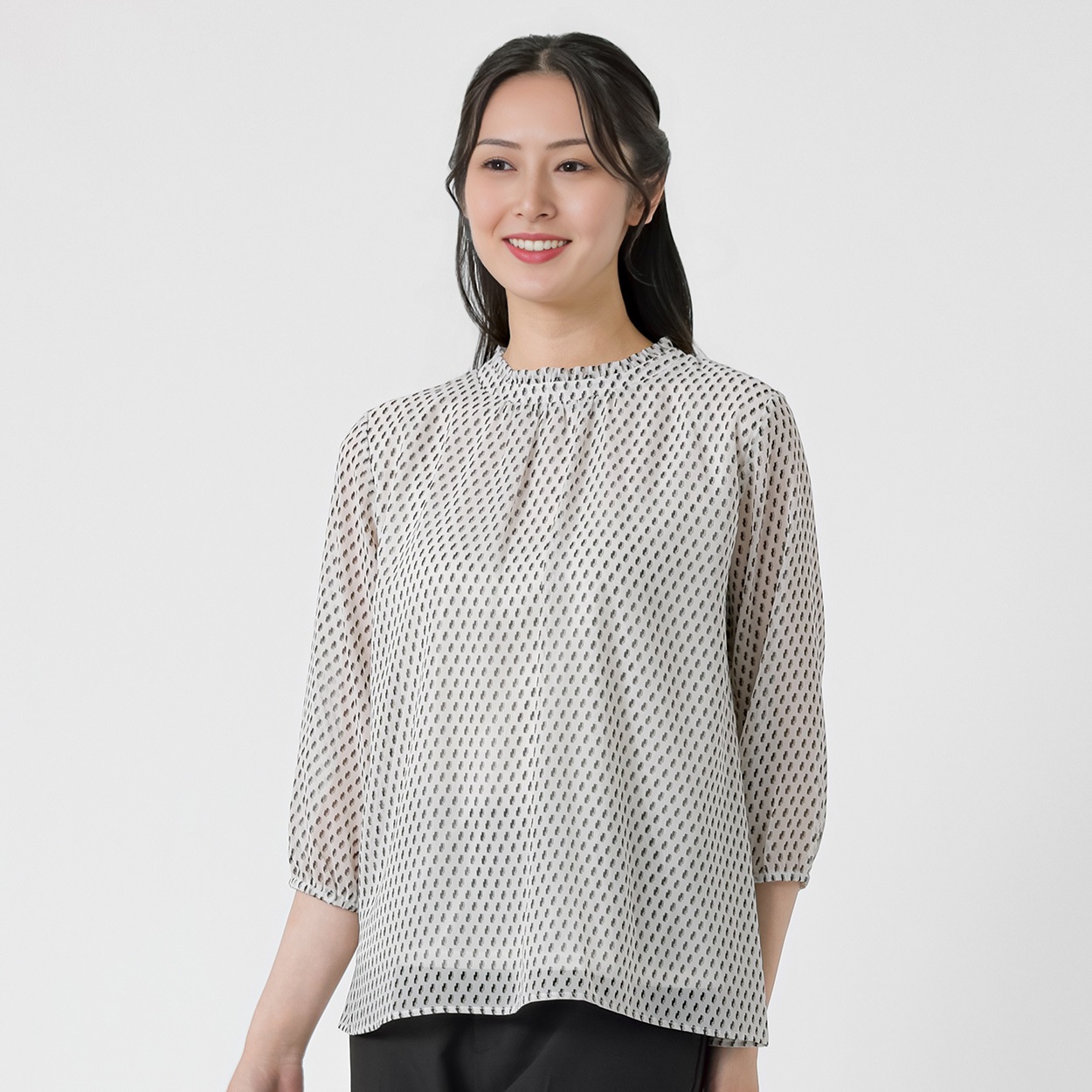幾何柄プリント ニット裏地付きシフォンブラウス レディス ESPRITMUR(エスプリミュール) 263ES501CT(Ａシロ-L)