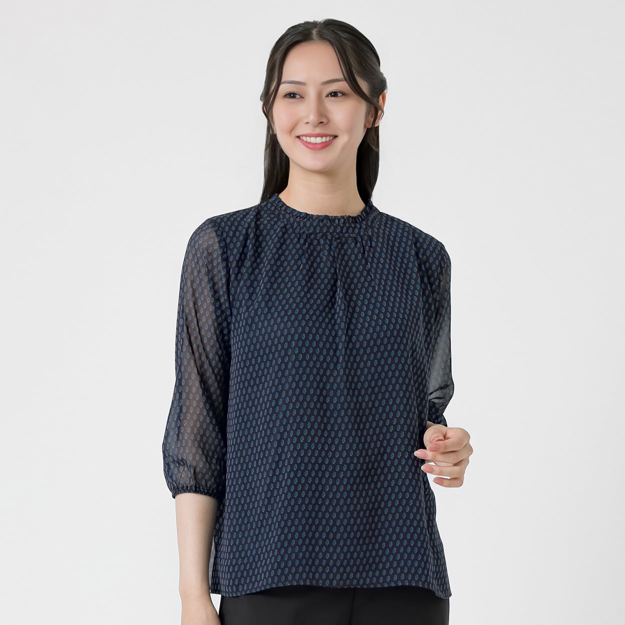 幾何柄プリント ニット裏地付きシフォンブラウス レディス ESPRITMUR(エスプリミュール) 263ES501CT(Ａコイアオ-XL)