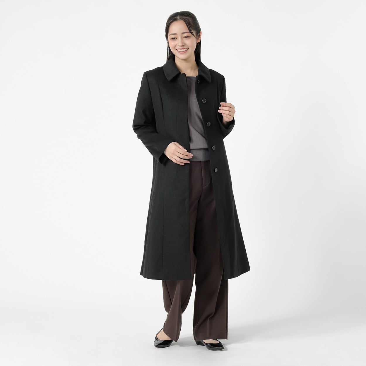 ウールステンカラーカラー ロング丈コート レディス Purelast(ピュアラスト) 267PL807SW(クロ-XL)