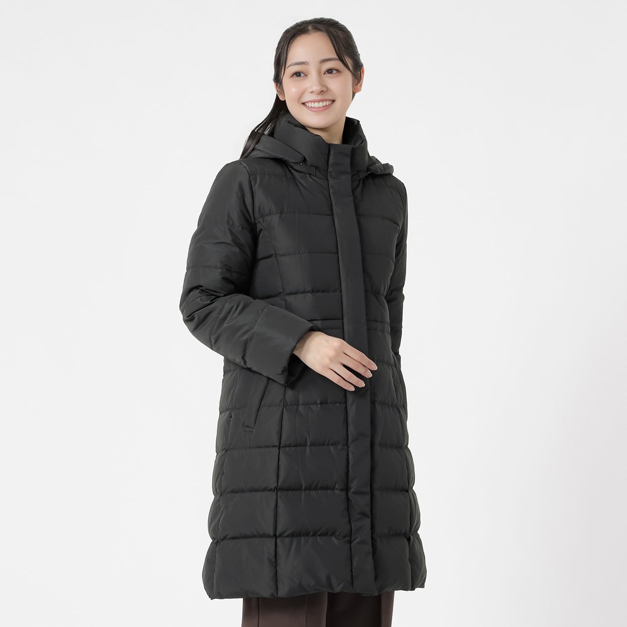 グリーンダウンコート フード付ロング丈 レディス Purelast(ピュアラスト) 267PL801SW(クロ-L)