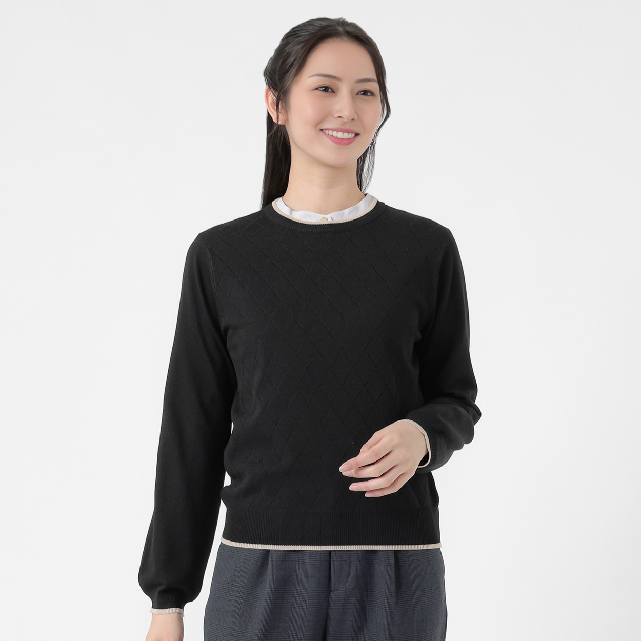 配色クルーネックダイヤ柄 ニットプルオーバー レディス ESPRITMUR(エスプリミュール) 267ES306CN(クロ-XL)