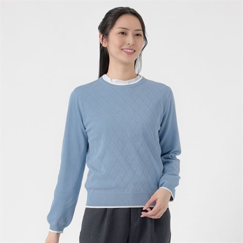 配色クルーネックダイヤ柄 ニットプルオーバー レディス ESPRITMUR(エスプリミュール) 267ES306CN(アオ-M)