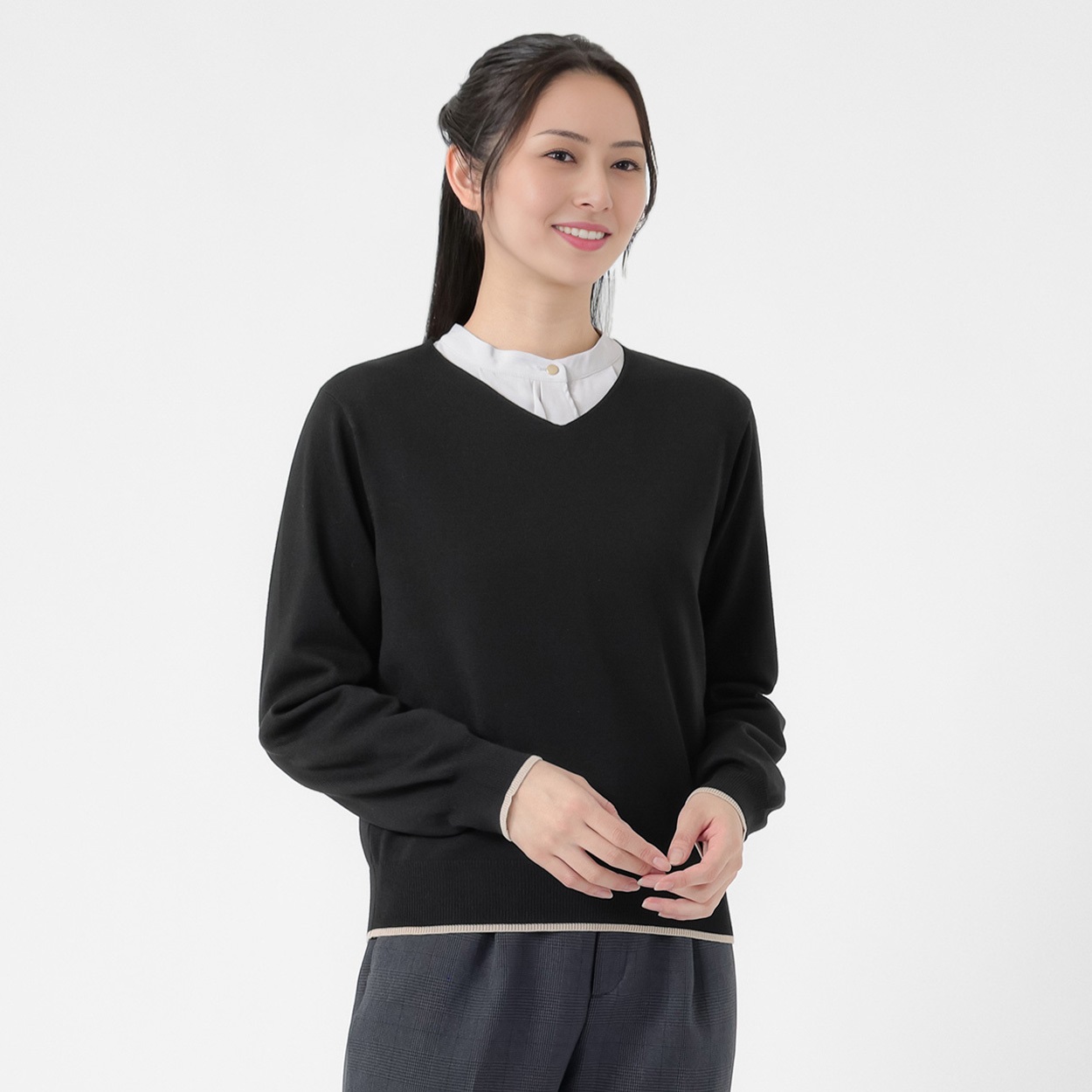 配色Vネック ニットプルオーバー レディス ESPRITMUR(エスプリミュール) 267ES307CN(クロ-L)