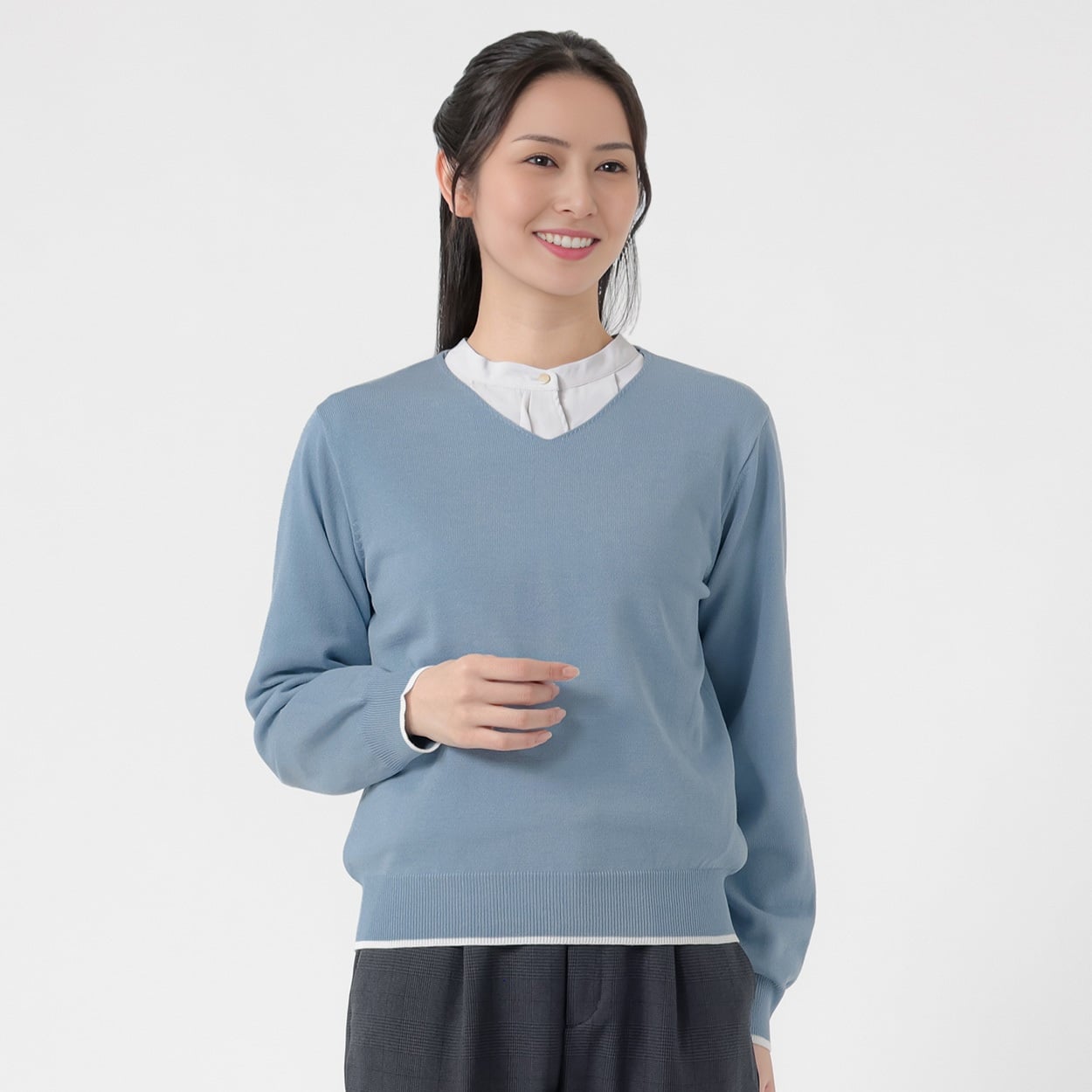 配色Vネック ニットプルオーバー レディス ESPRITMUR(エスプリミュール) 267ES307CN(アオ-XL)