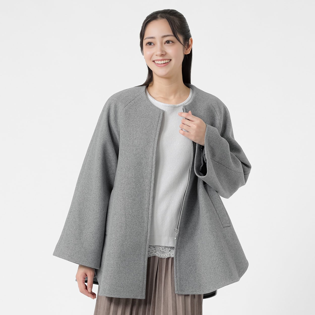 ウールライク ノーカラージップラグランスリーブコート レディス Purelast(ピュアラスト) 267PL504CT(ウスクロ-L)